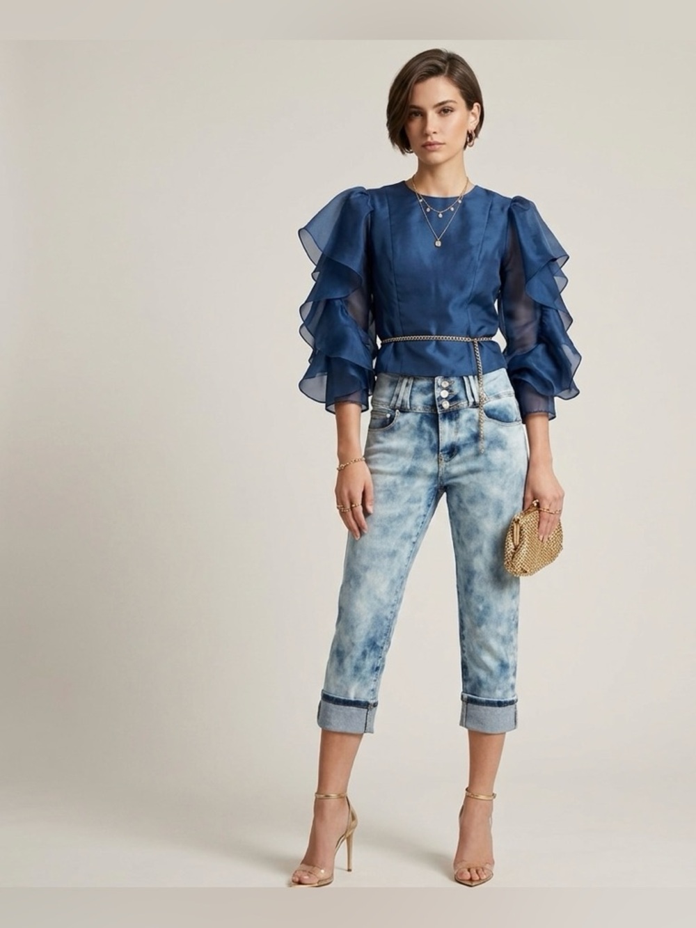 T&Y Stylish Blue Women's Denim Cuffed Capri Jeans size 3/4 stretch